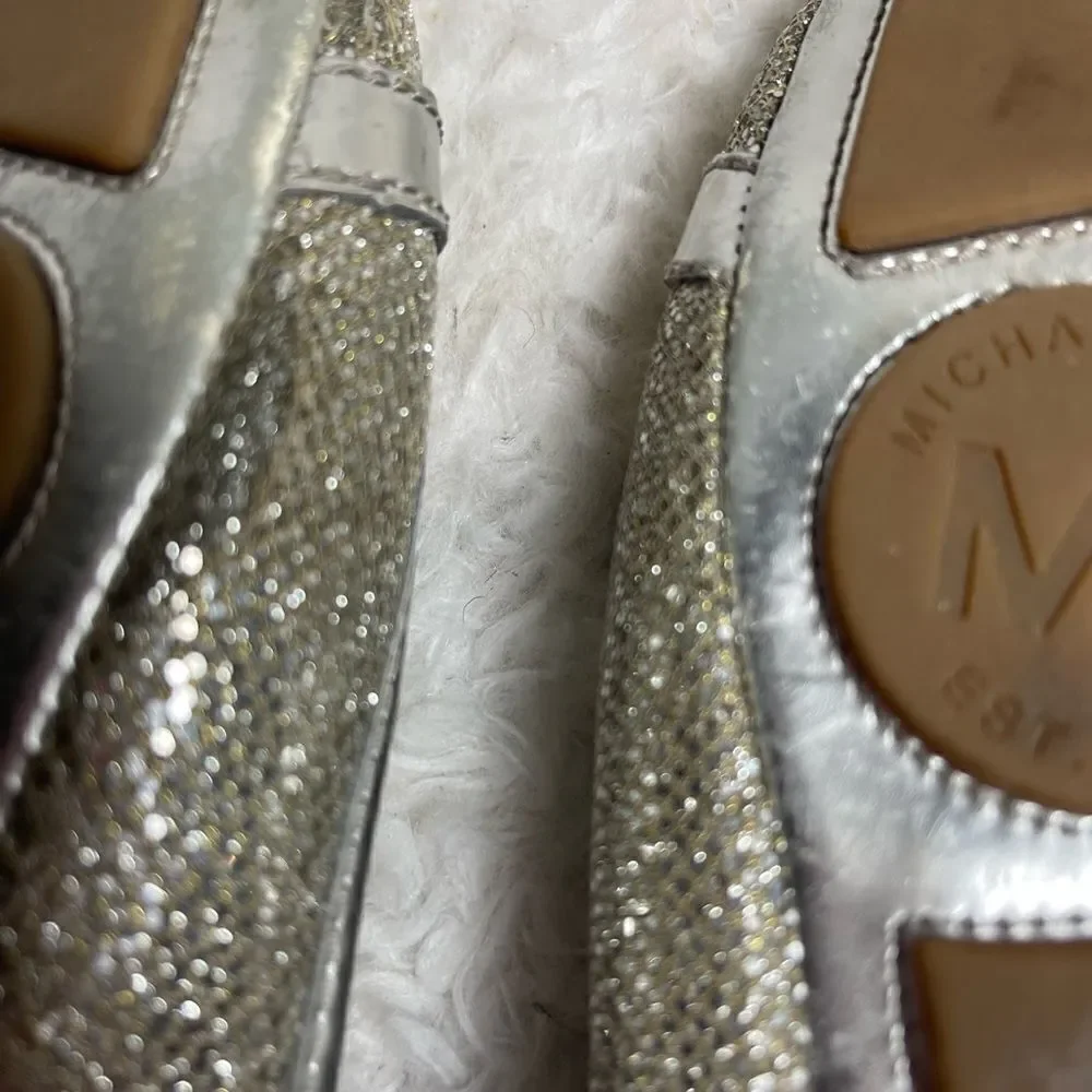 MICHAEL KORS SLIP ON MK LOGO SILVER GLITTER FLAT SHOES SIZE 10NARROW